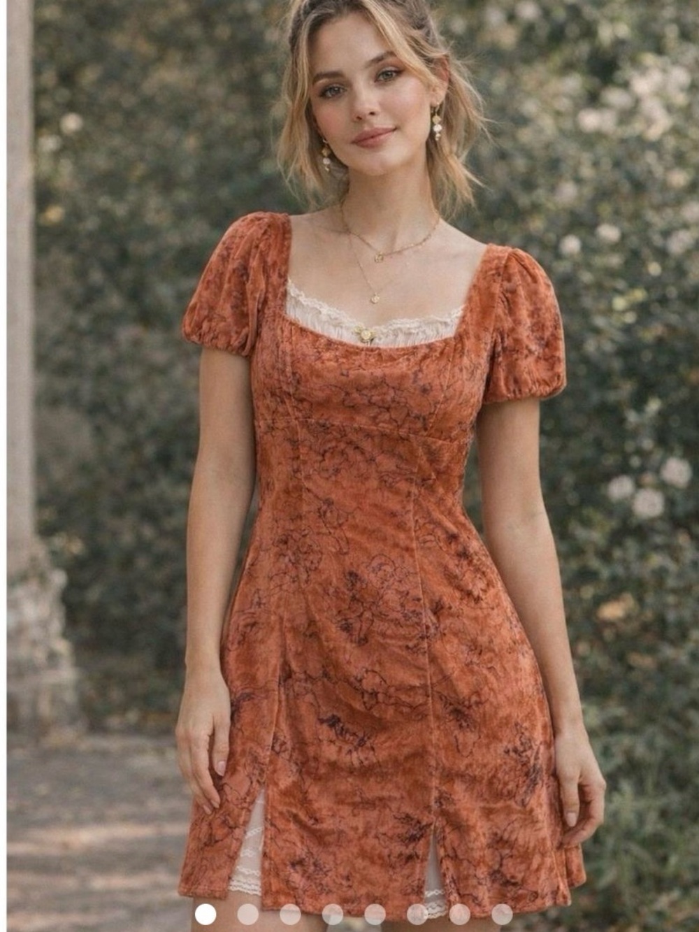 Kimchi Blue Rust Floral Mini Dress with Lace Trim size M